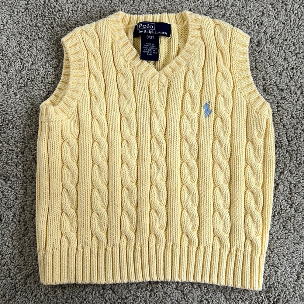 Ralph Lauren Polo Sweater Preppy Cable Vest 3/3T Yellow V Neck Boy